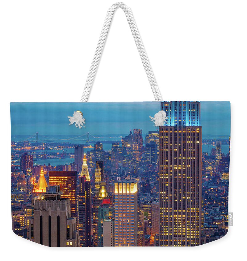 America Weekender Tote Bag featuring the photograph Empire State Blue Night by Inge Johnsson