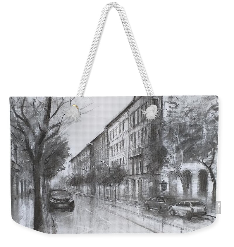 Charcoal Weekender Tote Bag featuring the drawing Empty city by Lorand Sipos