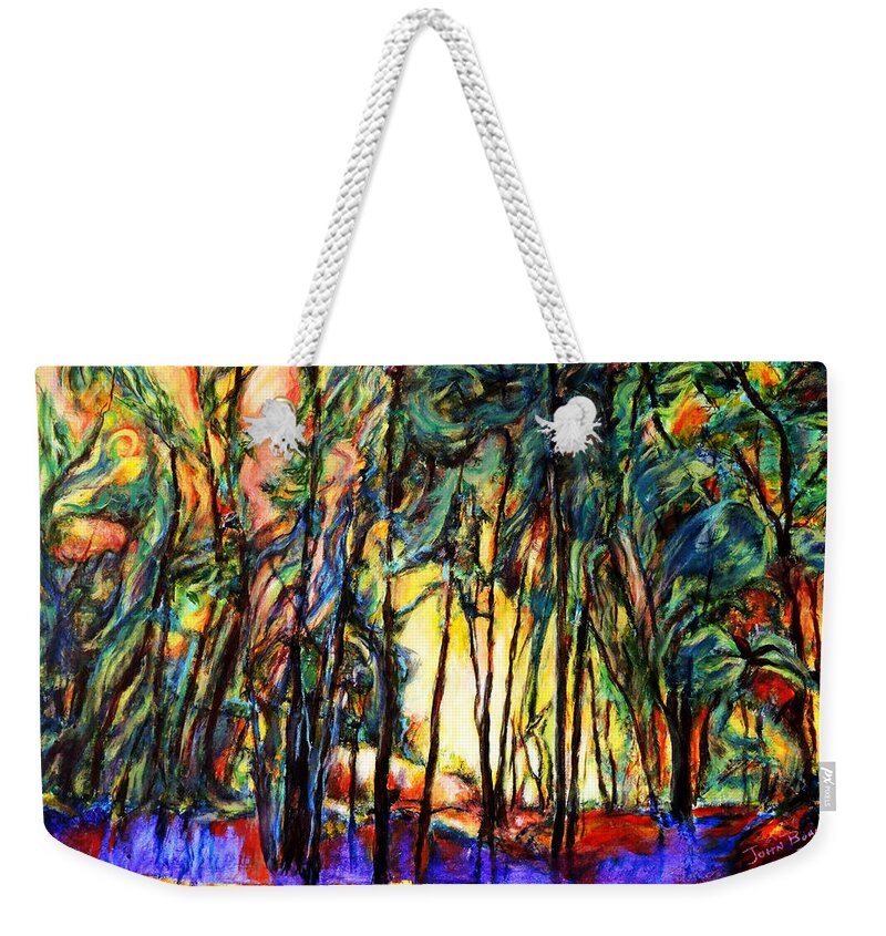 Acrylic Painting Enchanted Forest Sunset Scene Abstract Landscape Weekender Tote Bag featuring the painting Enchanted Forest by John Bohn