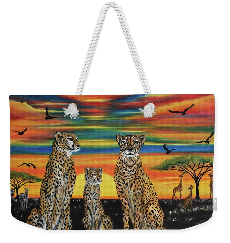 Cheetah Weekender Tote Bag featuring the painting Endangered Elegance by Adele Moscaritolo