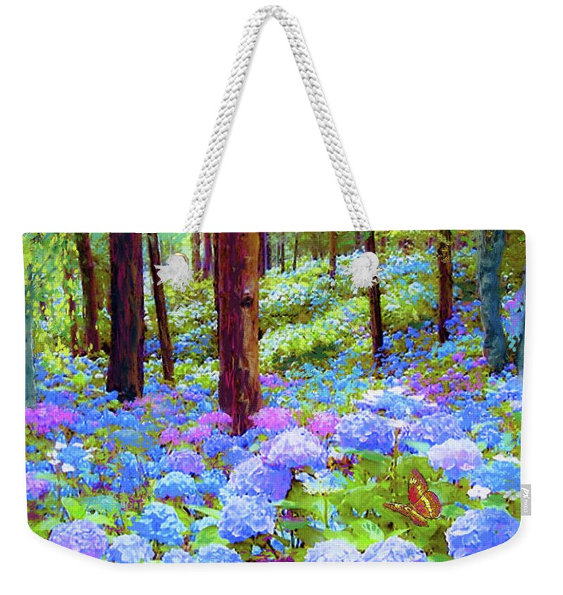 Landscape Weekender Tote Bag featuring the painting Endless Summer Blue Hydrangeas by Jane Small
