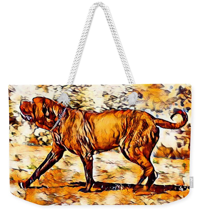 English Mastiff Weekender Tote Bag featuring the digital art English Mastiff waiting for a treat - brown high contrast by Nicko Prints