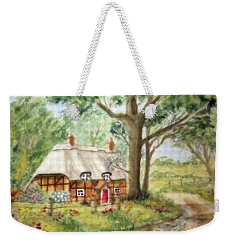 Cottage Weekender Tote Bag featuring the painting English Thatched Roof Cottage by Kelly Mills