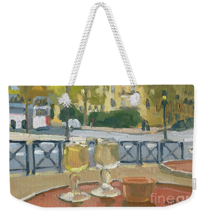 Paris France Weekender Tote Bag featuring the painting Enjoying Paris France with a peek view of the Eiffel Tower by Paul Strahm