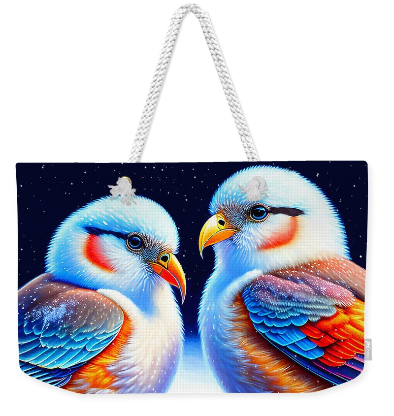 Birds Weekender Tote Bag featuring the mixed media Enjoying the Snow by Pennie McCracken