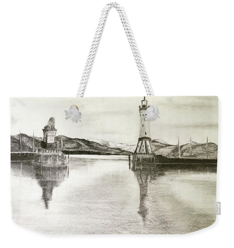 Bodensee Weekender Tote Bag featuring the drawing Entering Bodensee Harbor by Tracy Hutchinson