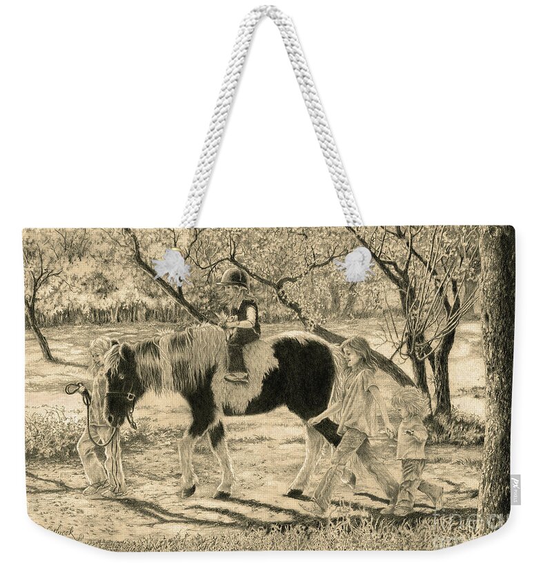 Pony Weekender Tote Bag featuring the drawing Escort Duty by Jill Westbrook