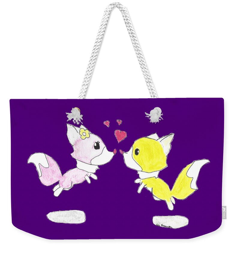Foxes Weekender Tote Bag featuring the drawing Eskimo Kisses Two Cute Foxes Reunited by Ali Baucom