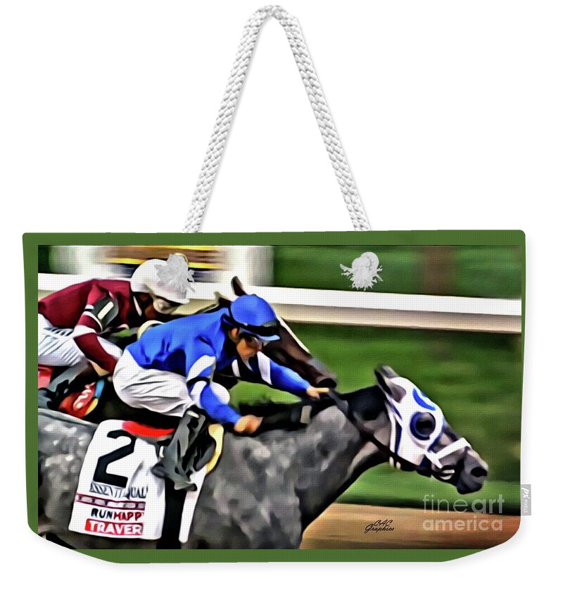 Saratoga Weekender Tote Bag featuring the digital art Essential Quality Wins The Travers by CAC Graphics