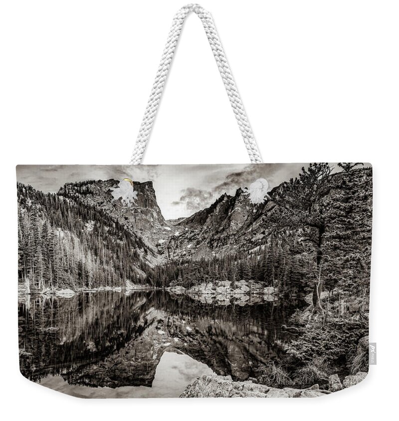 Estes Park Weekender Tote Bag featuring the photograph Estes Park Colorado's Dream Lake Mountain Landscape - Sepia Edition by Gregory Ballos
