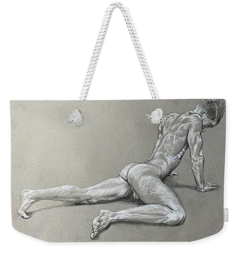 Male Nude Weekender Tote Bag featuring the drawing Ethan Stretching by Marc DeBauch