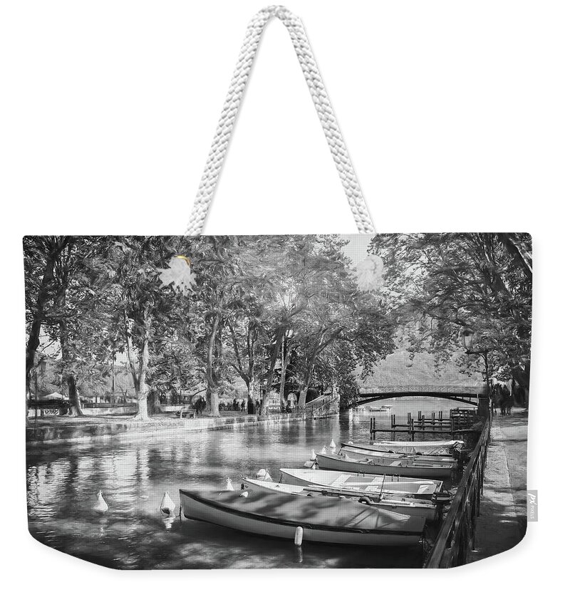 Annecy Weekender Tote Bag featuring the photograph European Canal Scenes Annecy France Black and White by Carol Japp