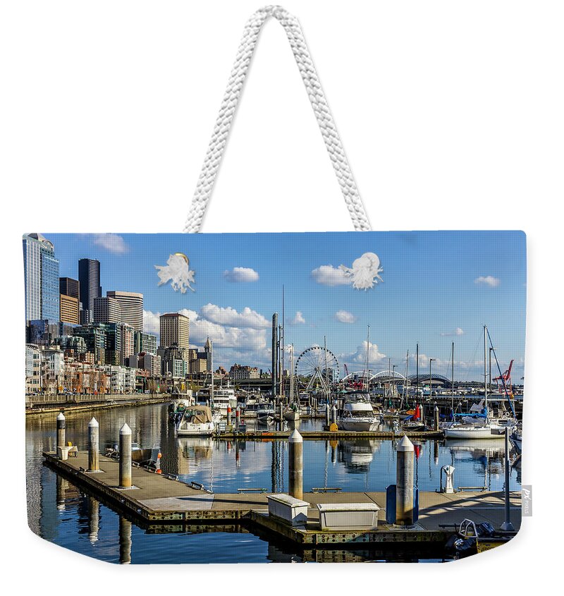 Bell Harbor Marina Evening Seattle Wa Puget Sound South Waterway Pier Docks Boats Boating City Scape Sky Buildings Prp Washington State Weekender Tote Bag featuring the photograph Evening at Bell Harbor Marina by Rob Green