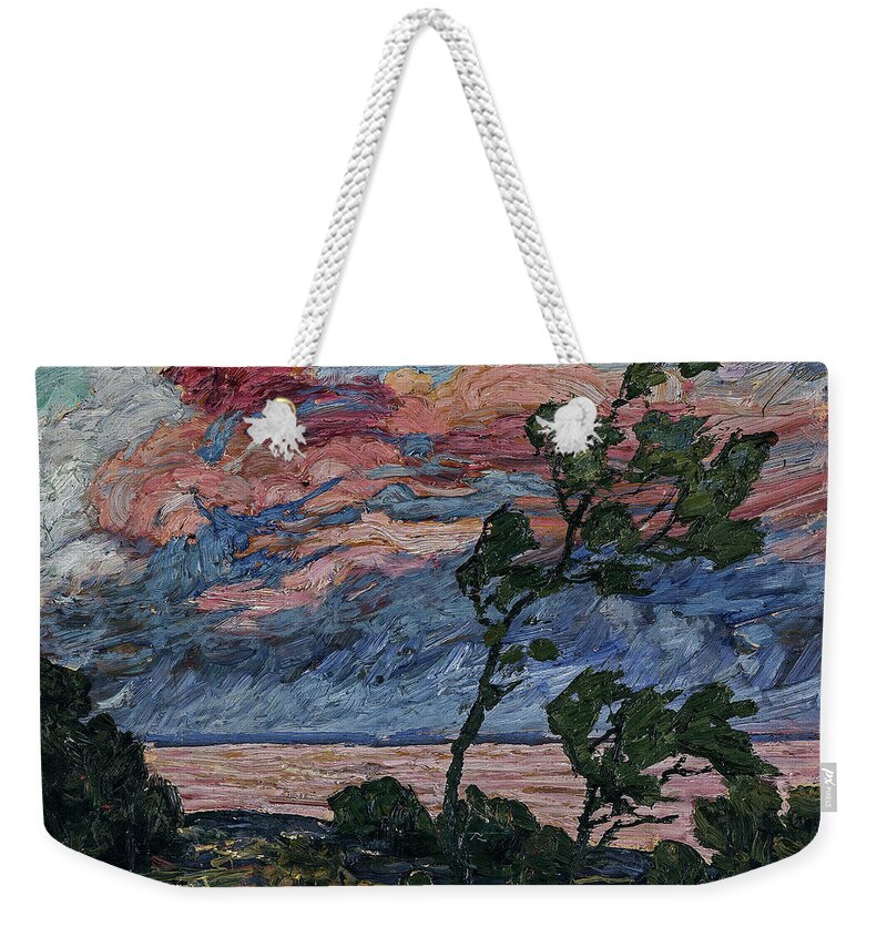 Oil On Canvas Weekender Tote Bag featuring the digital art Evening by the sea by Helmer Osslund by Celestial Images