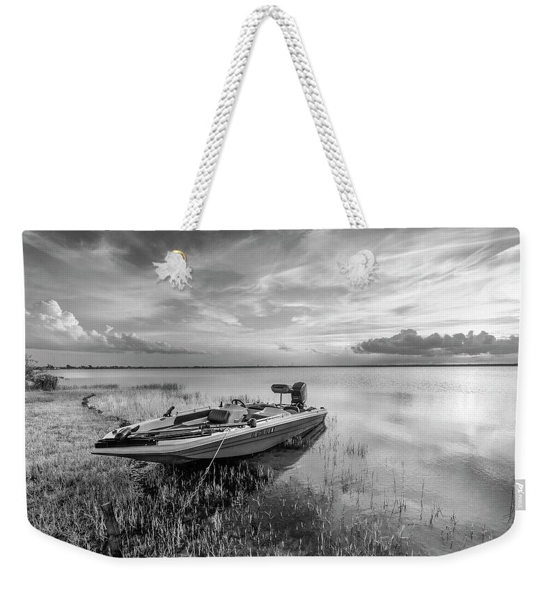 Boats Weekender Tote Bag featuring the photograph Evening Fishing Boat in Black and White by Debra and Dave Vanderlaan