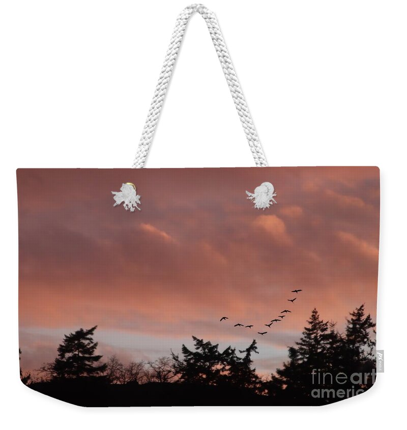 Canada Geese Weekender Tote Bag featuring the photograph Evening Flight by Kimberly Furey