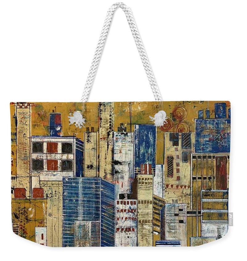 Cityscape Weekender Tote Bag featuring the painting Evening Glow 2 by Raji Musinipally