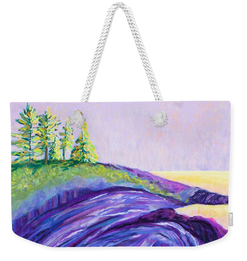 Maine Coastline Weekender Tote Bag featuring the painting Evening Light on Pemaquid Point by Polly Castor