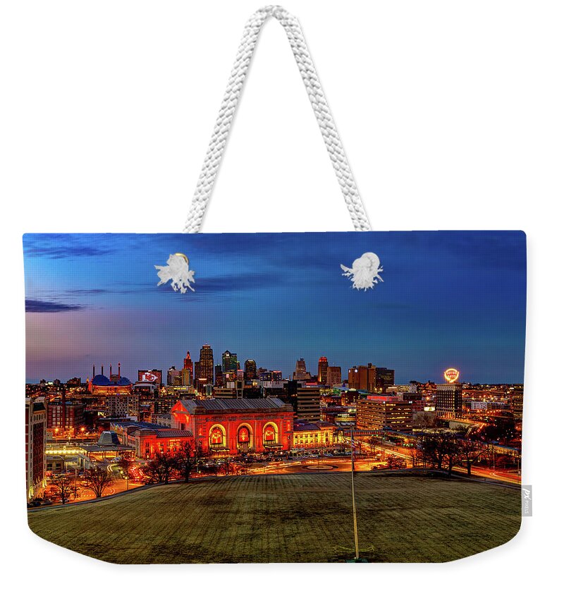 Kansas City Weekender Tote Bag featuring the photograph Evening Light Over The Kansas City Champion Skyline by Gregory Ballos
