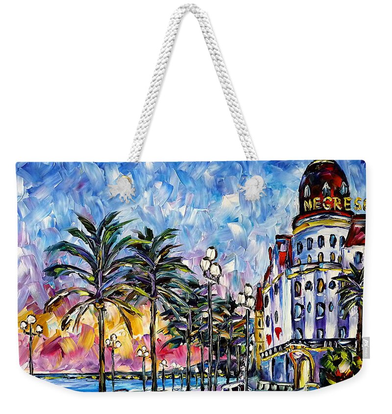 Nice In The Evening Weekender Tote Bag featuring the painting Evening sky over Nice by Mirek Kuzniar