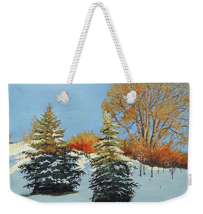 Snow Weekender Tote Bag featuring the painting Evening's Approach by William Brody