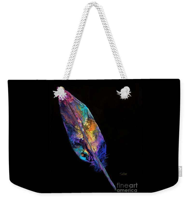 Feather Colorful Feather Vibrant Feater Exotic Feather Weekender Tote Bag featuring the painting Exotic Feather Fancy 7968 by Priscilla Batzell Expressionist Art Studio Gallery