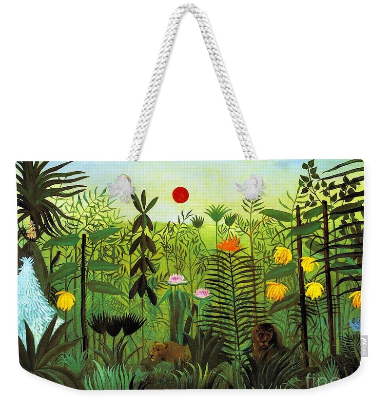 Exotic Landscape With Lion And Lioness In Africa Weekender Tote Bag featuring the painting Exotic Landscape with Lion and Lioness in Africa by Henri Rousseau