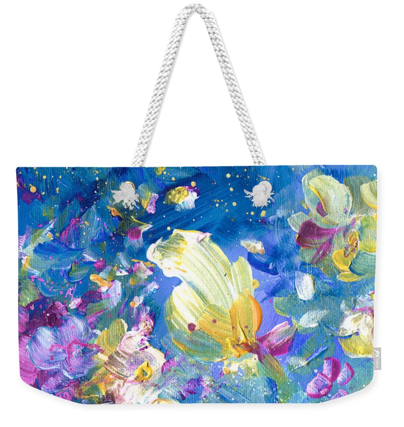 Flower Weekender Tote Bag featuring the painting Explosion Of Joy 22 Dyptic 01 by Miki De Goodaboom