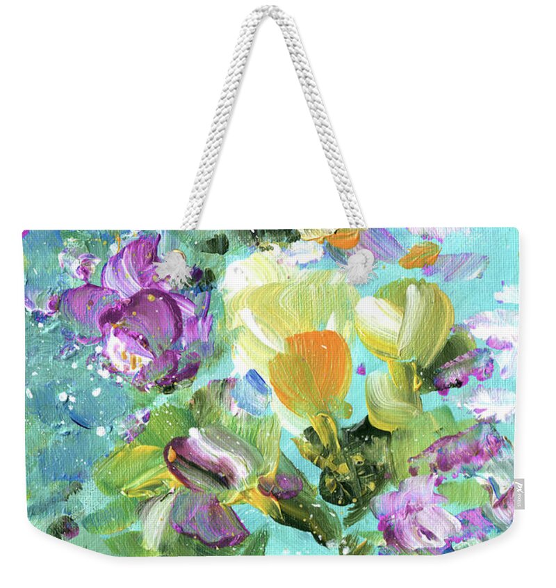 Flower Weekender Tote Bag featuring the painting Explosion Of Joy 22 Dyptic 02 by Miki De Goodaboom