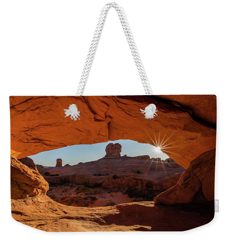 Arches National Park Weekender Tote Bag featuring the photograph Eye Of The Whale Sunburst by Dan Norris