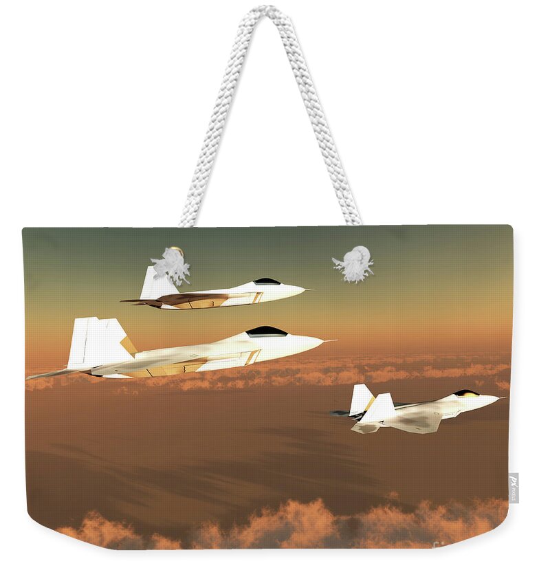 F-22 Weekender Tote Bag featuring the digital art F-22 Fighter Jets in Sky by Corey Ford
