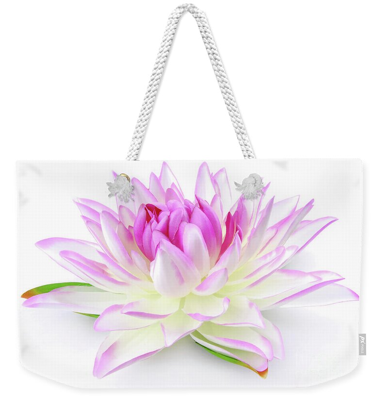 Lotus Weekender Tote Bag featuring the photograph Fabric Lily On White by Severija Kirilovaite