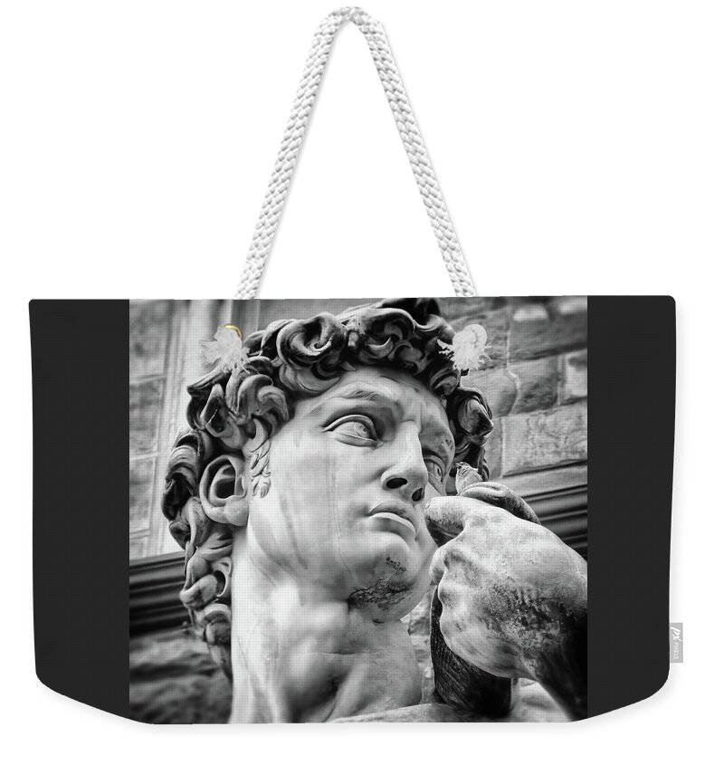 David Weekender Tote Bag featuring the photograph Face Detail of David by Michelangelo Florence Black and White by Carol Japp