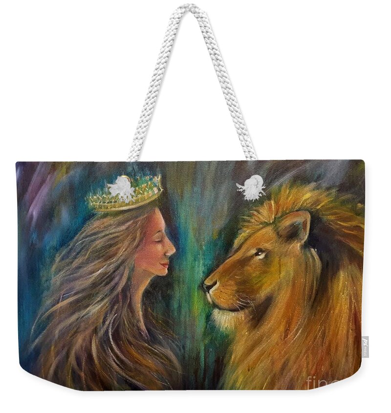 Lion Weekender Tote Bag featuring the mixed media Face To Face by Deborah Nell