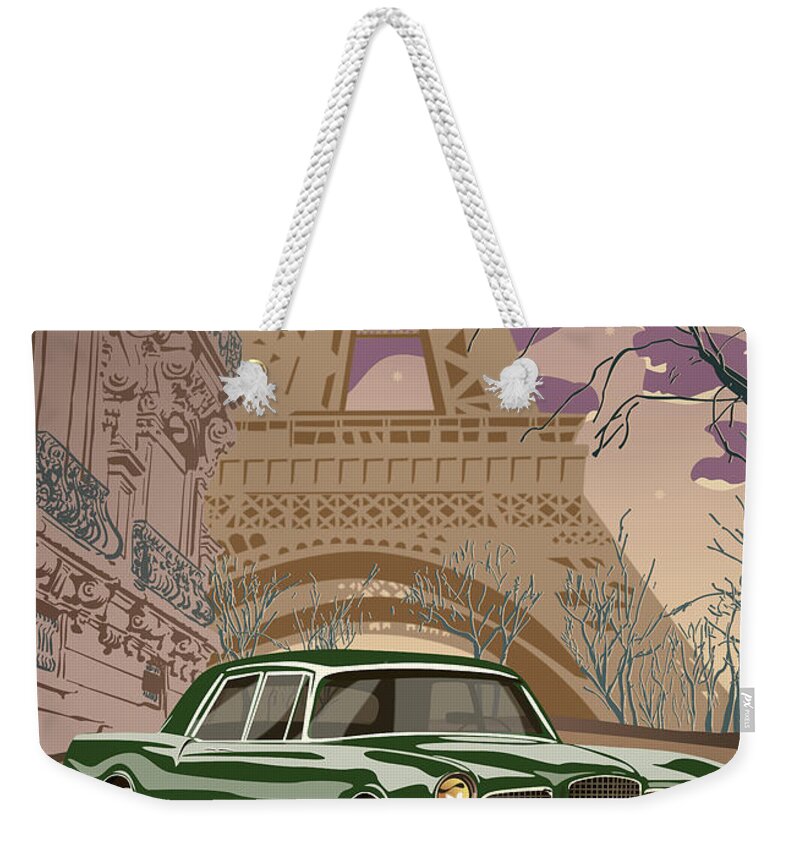 Art Deco Weekender Tote Bag featuring the digital art Facel Vega - Paris est a nous. Classic Car Art Deco Style Poster Print Green Edition by Moospeed Art