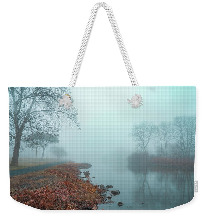 Fog Weekender Tote Bag featuring the photograph Facing East on Foggy Lake Muhlenberg by Jason Fink