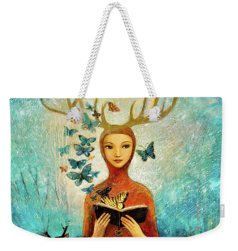  Weekender Tote Bag featuring the painting Faerae Forest Story by Shijun Munns