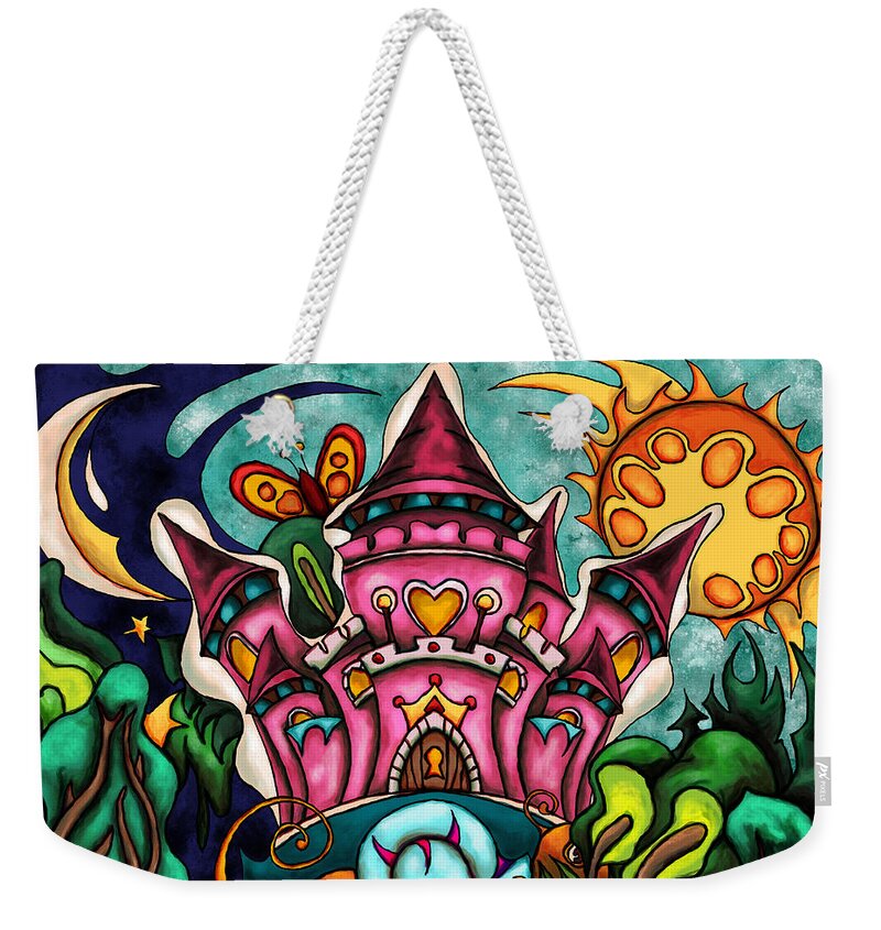 Fairy Tale Weekender Tote Bag featuring the painting Fairy tale princess castle, cartoon pink castle by Nadia CHEVREL