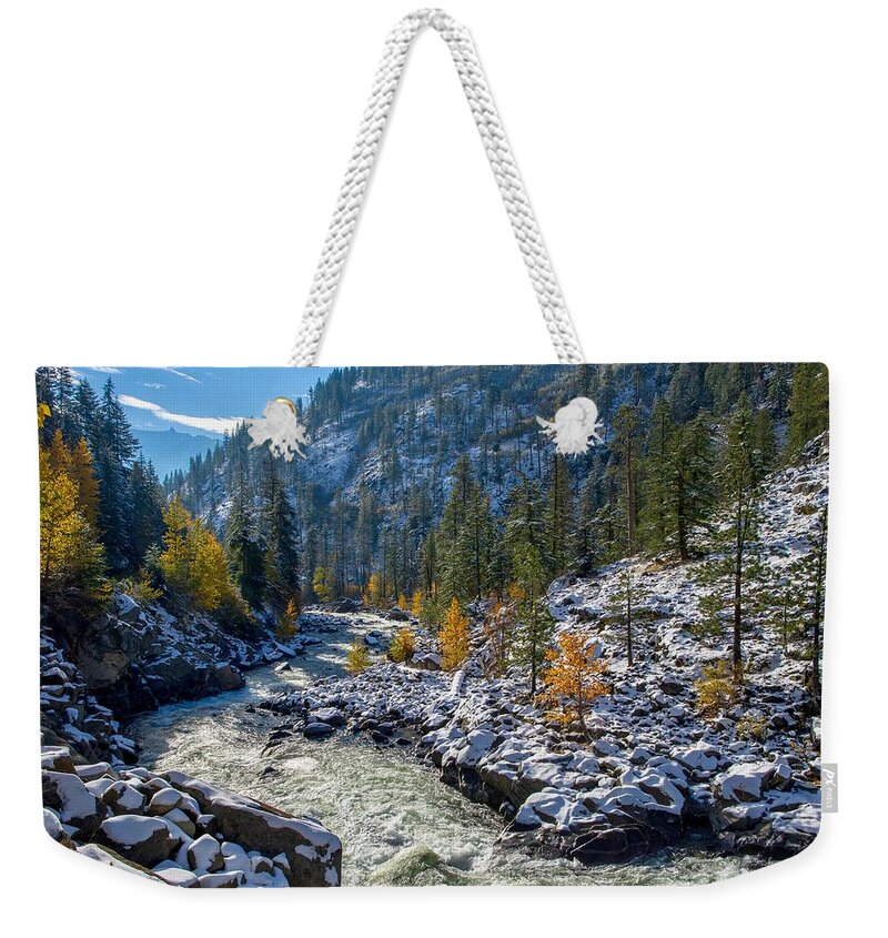 Fall And Snow Weekender Tote Bag featuring the photograph Fall and snow by Lynn Hopwood