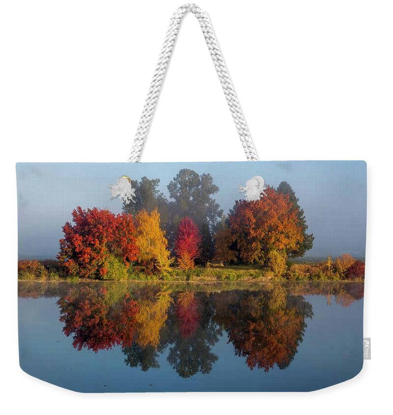 Fall Colors As The Fog Lifted Weekender Tote Bag featuring the photograph Fall colors as the fog lifted by Lynn Hopwood