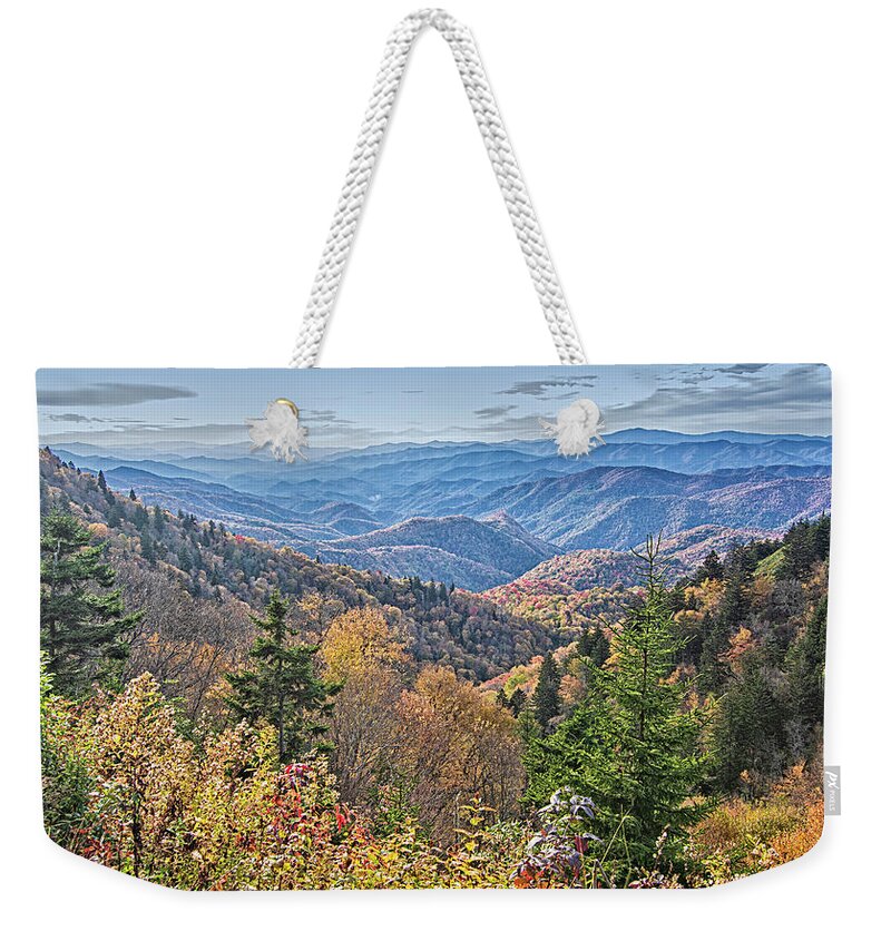 Blue Ridge Weekender Tote Bag featuring the photograph Fall Foliage Alnng the Blue Ridge Parkway by Bob Decker