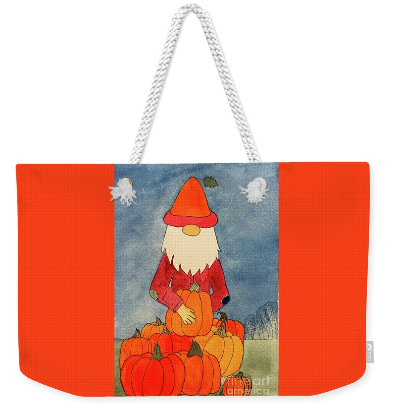 Fall Weekender Tote Bag featuring the mixed media Fall Gnome with Pumpkins by Lisa Neuman