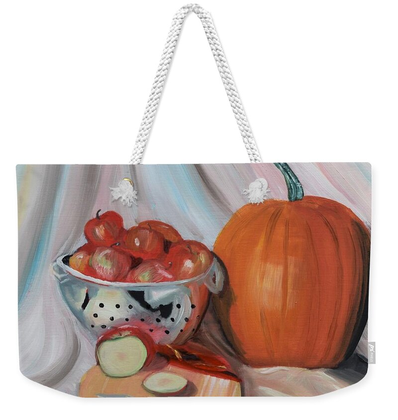 Pumpkin Weekender Tote Bag featuring the painting Fall Harvest Still Life by Monika Shepherdson