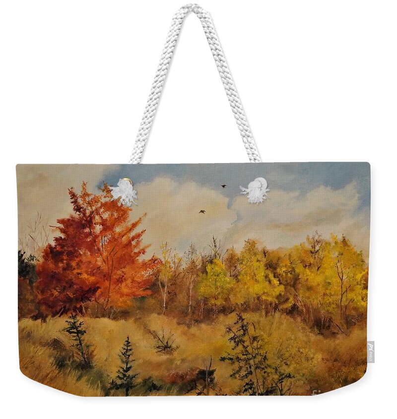 Barbara Moak Weekender Tote Bag featuring the painting Fall in Clayton NY by Barbara Moak