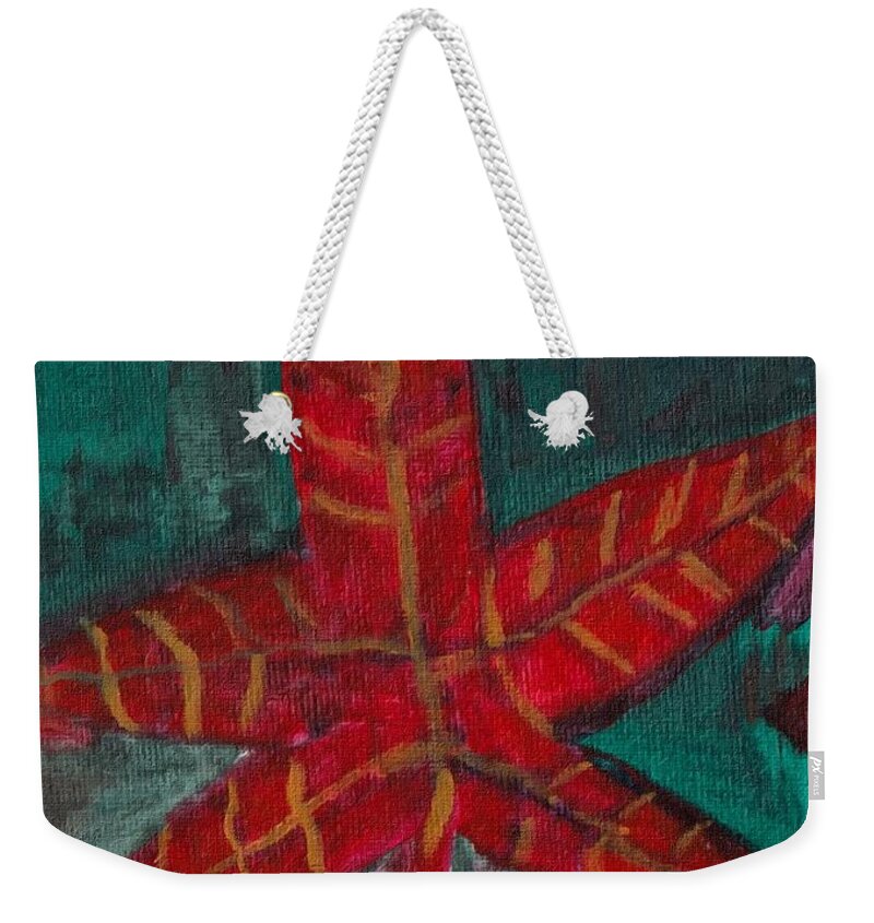 Leaf Weekender Tote Bag featuring the painting Fall Leaf on the Grass by Christopher Reed