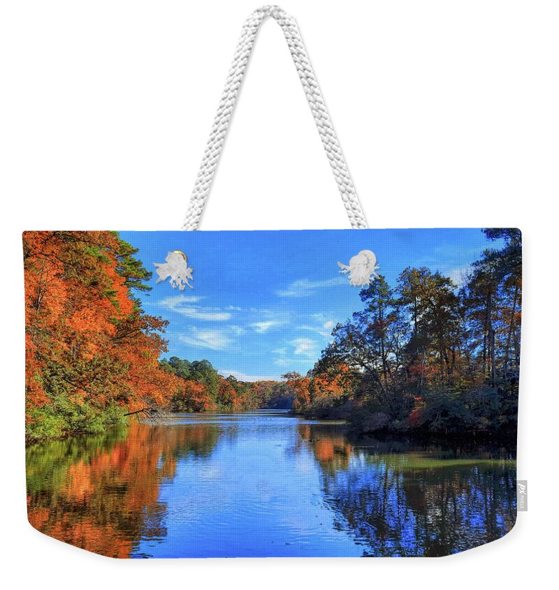Autumn Weekender Tote Bag featuring the photograph Fall Reflections in Mariners Lake in Newport News Virginia by Ola Allen