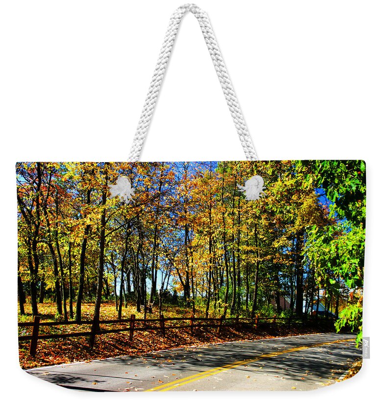 Landscape Weekender Tote Bag featuring the photograph Fall Trees Wooded Country Road by Patrick Malon