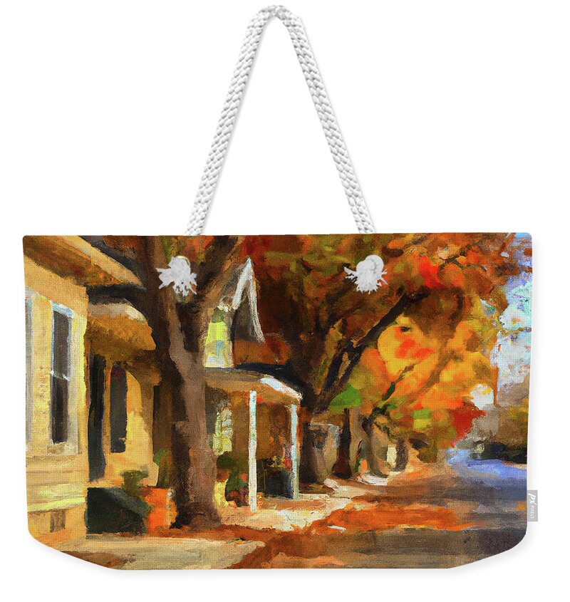 Fall Weekender Tote Bag featuring the digital art Fall Vibes in the Neigborhood by Alison Frank