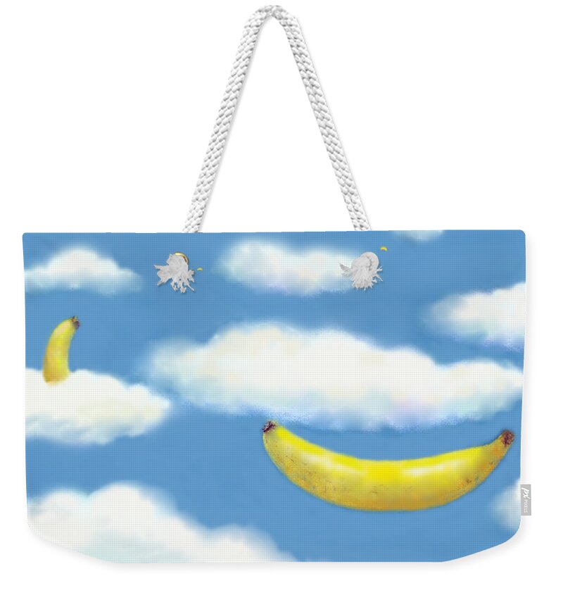 Clouds Weekender Tote Bag featuring the pastel Falling Bananas thru Clouds by Mary Ann Leitch