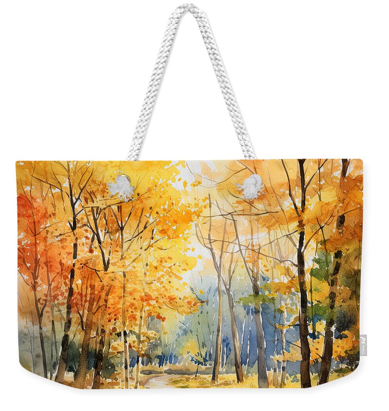 Autumn Watercolor Painting Weekender Tote Bag featuring the digital art Falling Leaves - Autumn Falling Leaves Art by Lourry Legarde